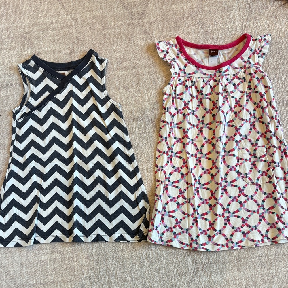 Tea Collection Girls Chevron Navy & White Dress and Pink Trim Patterned Dress